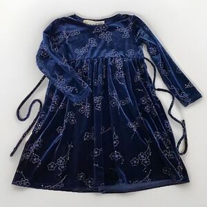 SWAT Girls Velvet Holiday Dress Size 6X Navy Sketched Floral Cottagecore Peasant